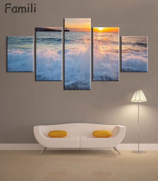 

5pcs/set hd blue sea wave sunrise canvas painting for living room wall art picture gift home decoration framed art for children's room