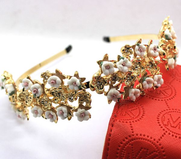 

2016 baroque white ceramic flower metal leaves pearl hair bands pearl white fimo flower headband bride hair jewelry