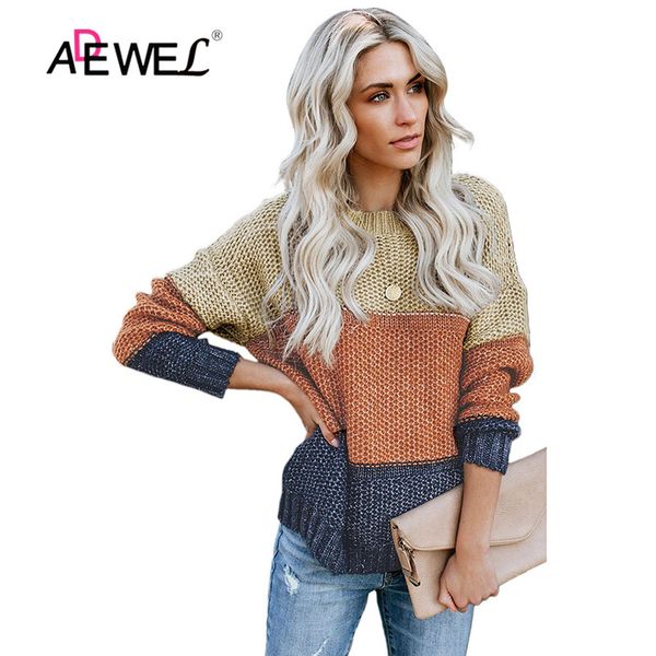 

adewel brown gray block netted texture pullover sweater 2019 women winter patchwork pullovers female casual o-neck sweater, White;black