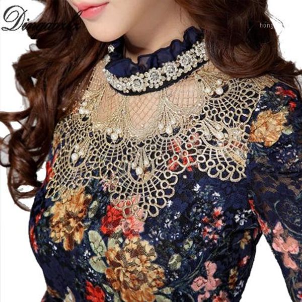 

dingaozlz women's lace shirt female lace blouses long-sleeve hollow floral slim elebeaded gauze chiffon shirts1, White