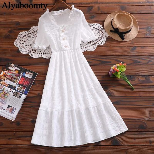 

2020 summer women white long dress ruffled collar solid chic a-line sweet vestidos longo short sleeve elegant mori girl dress, White;black