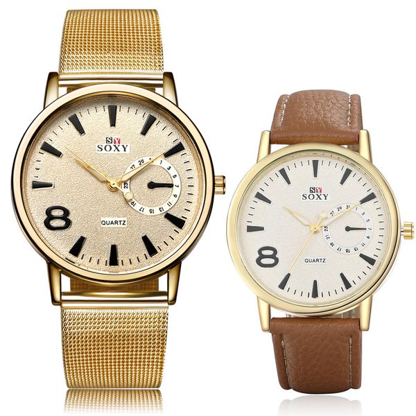 

a pair watches set soxy gold mesh belt wrist watch simple style men quartz watches fashion design male watch montre homme 2 pcs, Slivery;brown