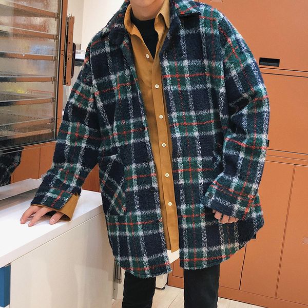 

2019 men's fashion trench wool blend lattice overcoat loose casual grey/green cotton-padded clothes woolen cashmere coat m-2xl, Black