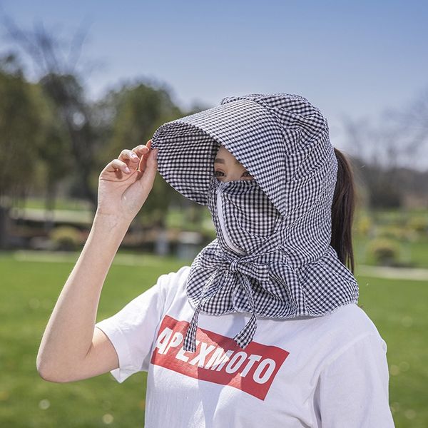 

sunshade sun-proof zipper hat women's plaid farm neck mask electric car big electric vehicle cornice cornice cap brim cap, Blue;gray