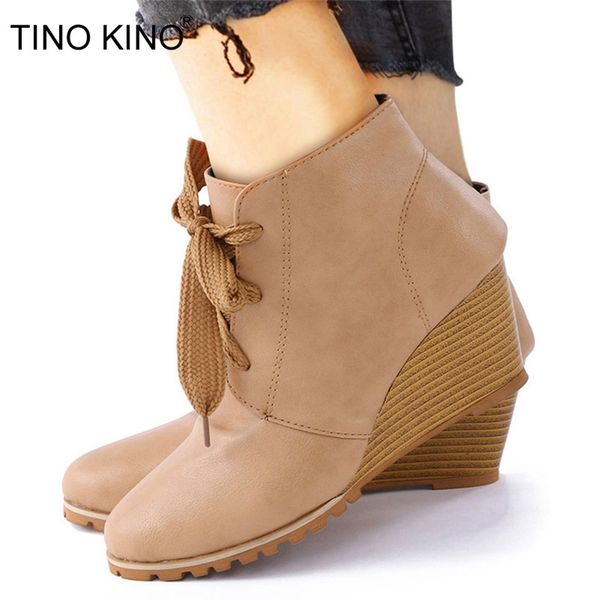 

tino kino women ankle boots woman fashion pu wedges heel bootsautumn ladies lace up women's casual plus size female shoes, Black