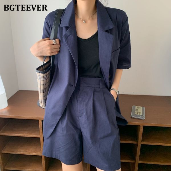 

women's suits & blazers bgteever casual cotton linen women pant 2 pieces set double buttons short sleeve blazer high waist loose shorts, White;black
