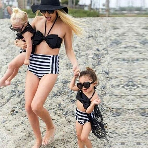 

fashion matching swimwear mother and daughter stripe boho parent-child swimwear outfits, Blue