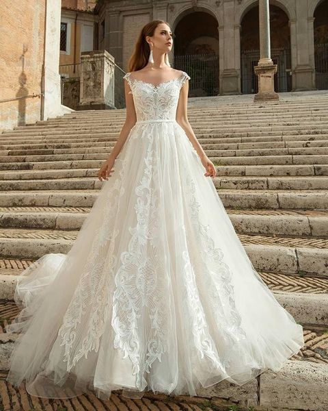 

2019 new white tulle a line sheer neck lace applique wedding dresses bridal gowns country beach empire waist wedding gowns h087