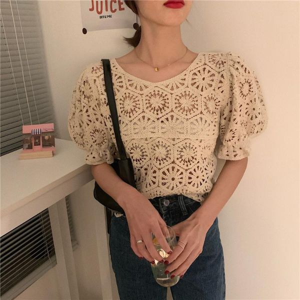 

hzirip 2020 summer shirt women o-neck hollow out lace fashion short sleeve thin all-match fresh loose female casual girl blouses, White