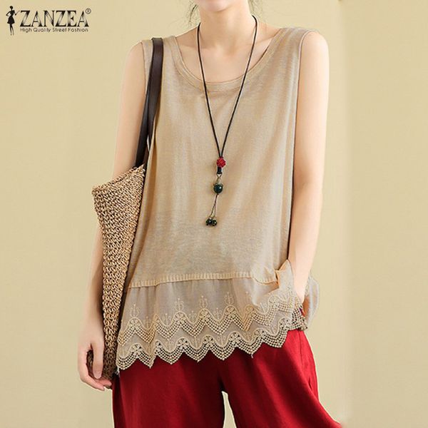 

zanzea summer sleeveless lace crochet blouse women tanks casual loose tunic female blusas oversize bohemian beach shirt, White