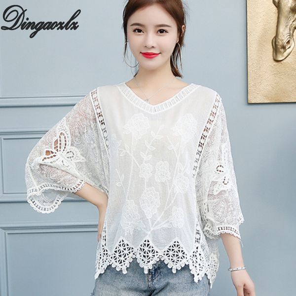 

dingaozlz new hollowed-out lace pullovers flare sleeve white blouse summer loose women sunscreen air-conditioning shirt