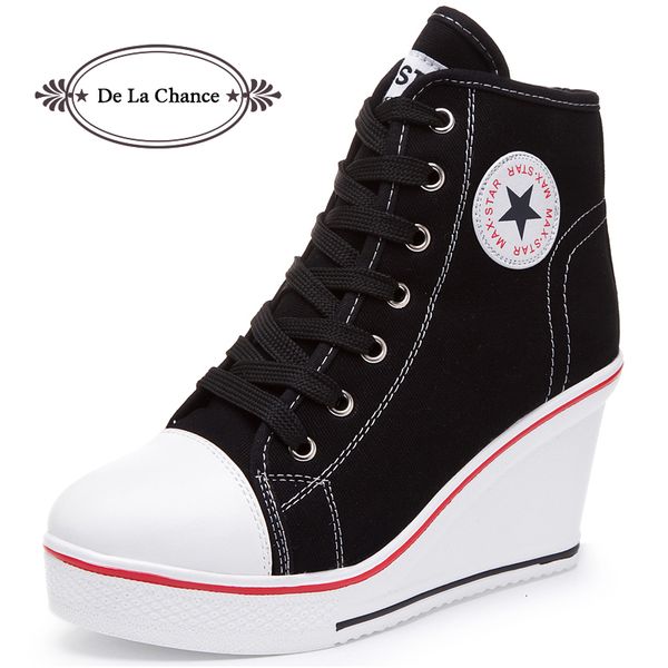 

de la chance women shoes hidden wedge invisible heel shoes 2018 women casual shoes canvas high breathable platform sneakers cj191212, Black