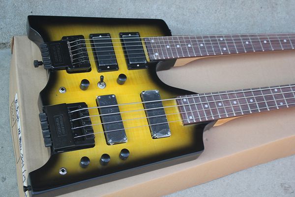 

factory custom 6+4 strings yellow headless double neck electric guitar with floyd rose,24 frets,offering customized services