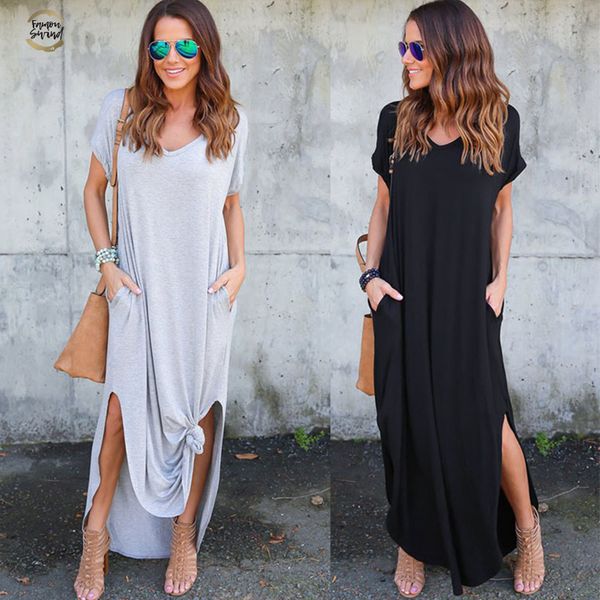 

women's casual loose pocket long dress women short sleeve long dresses women t shirt dress solid color vintage v-neck, Black;gray