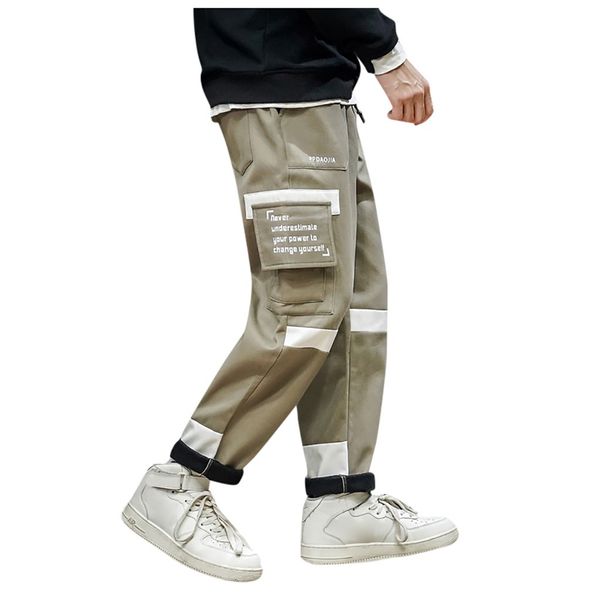 

feitong streetwear cargo pants men fashion letters print sports ankle-length trousers plush warmed multi-pockets long pants, Black