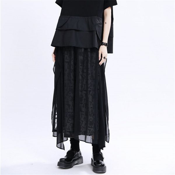

women wide leg pants 2020 causal mesh patchwork irregular female trousers fake two pieces elegant high waist loose pants skirt, Black