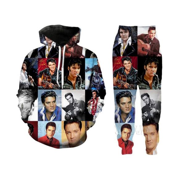 

new fashion mens/womens elvis presley funny 3d print casual hoodie+pants, Black