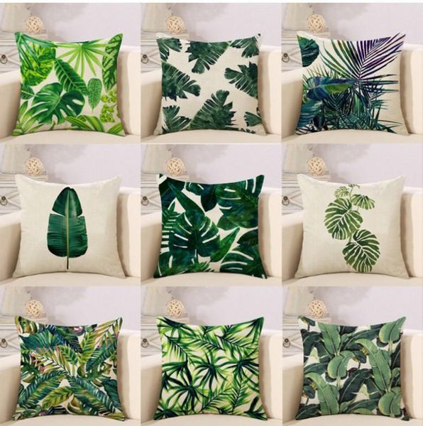 45 * 45 cm Piante tropicali Cactus Monstera Cuscini decorativi estivi Fodera per cuscino in lino di cotone Foglia di palma Verde Decorazioni per la casa Federa