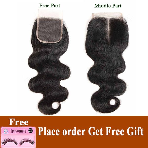 

brazilian hair lace closure body wave bleached knots swiss lace 4*4 brazilian human hair middle part lace closure, Black