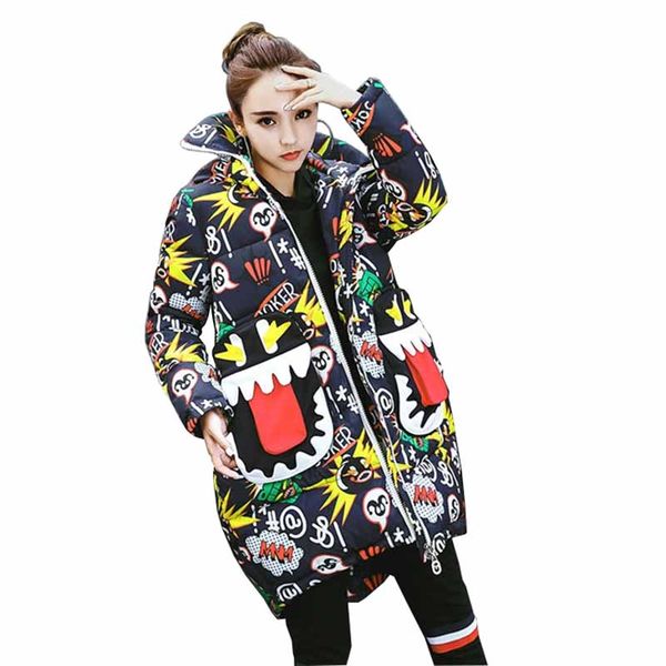 

2019 new cartoon printed down cotton jacket women parkas fashion students hooded loose thicken cotton-padded jacket female g477, Tan;black