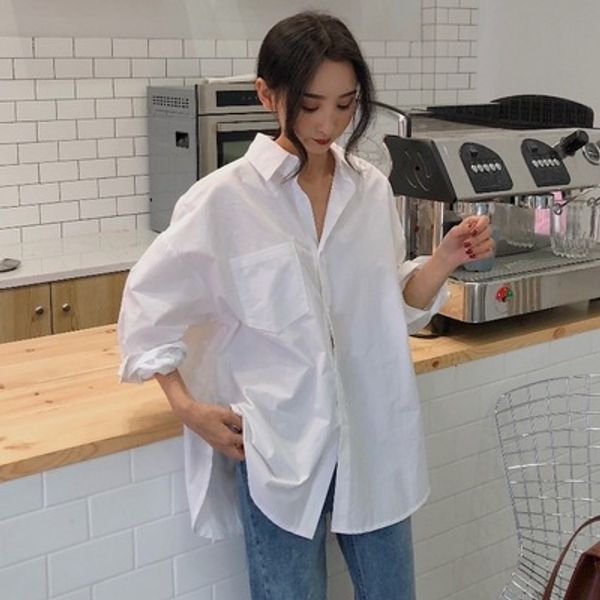 

women's shirts stylish and blouses 2019 celmia lapel casual solid long sleeve buttons asymmetric ladies baggy, White