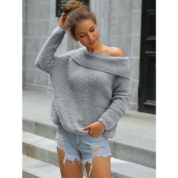 

2019 fashion trend women's long sleeve knitted sweaters jumper off shoulder slash neck loose knitwear autumn winter new, White;black