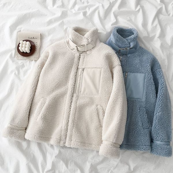 

lamb wool coat loose jacket women thckening white blue high collar long sleeve pockets winter spring coat outwear, Black