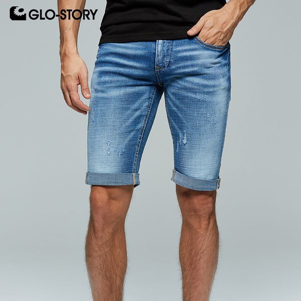 

glo-story men's 2019 summer destroy distressed denim shorts men slim fit knee length jeans short pants mnk-8183, Blue