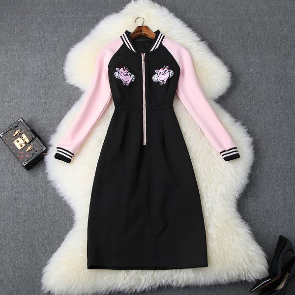 

european and american women's autumn winter 2019 new style long sleeve contrast color fashion cartoon sequined dress, Black;gray