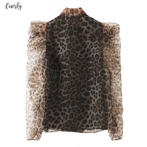 

transparent women blouse leopard shirt autumn 2020 new fashion bow collar puff sleeve modern lady sunscreen, White