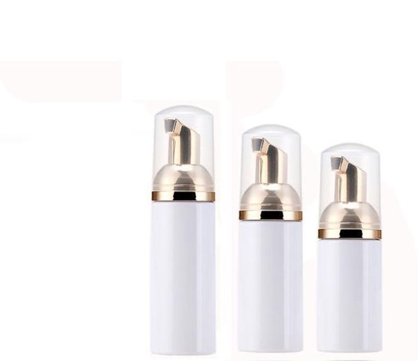

empty 30ml 50ml 60ml cosmetic facial cleanser wash cream plastic pet white liquid soap foam bottle with gold foamer pump