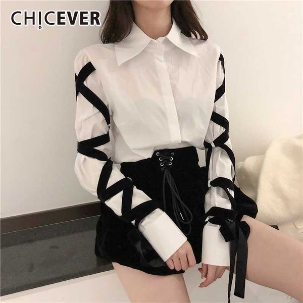 

women's blouses & shirts chicever korean lace up shirt for women lapel collar long sleeve bowknot hit color oversize loose blouse femal, White