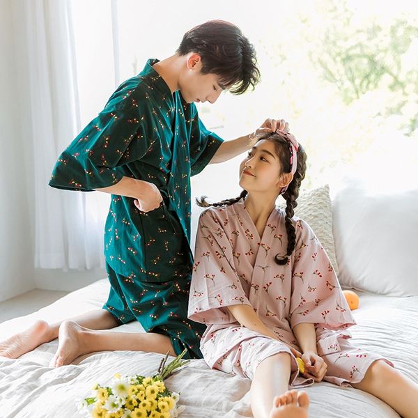 

couple pajamas set home clothes set summer 2020 japanese men's and women's fresh kimono student two-piece thin home clothes suit, Blue;red
