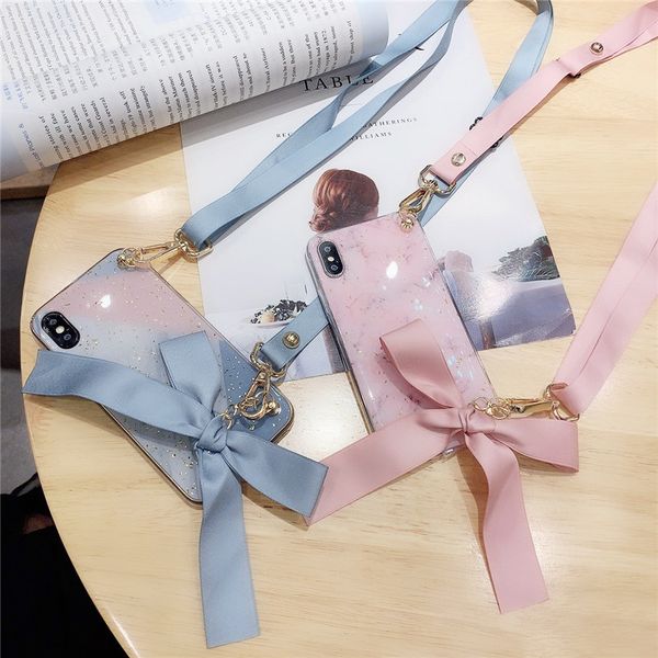 

one piece luxury iphone xr phone case for iphone 7 8 plus fashion marble pattern designer back cover with bow-knot and lanyard