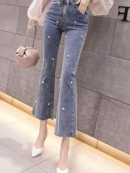 

blue bead female nine points high waist jeans bootleg loose