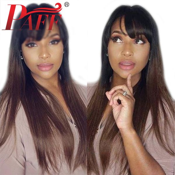 

paff 4*4 silk full lace human hair wigs with bangs silk base ombre straight brazilian remy hair natural hairline, Black;brown