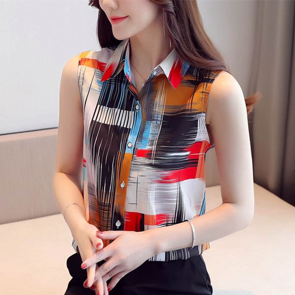 

korean fashion chiffon women blouses women print blouse shirts summer woman sleeveless shirt plus size blusas mujer de moda, White