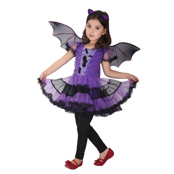 

fancy masquerade party bat cosplay dress witch clothing halloween costume for kids girls with wings headband dresses c070, Black;red