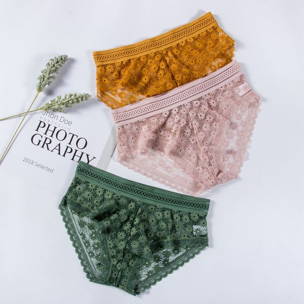 

woman panties underwear briefs lady 3 pieces flower lace breathable female underpants for girls skin-friendly lingerie, Black;pink