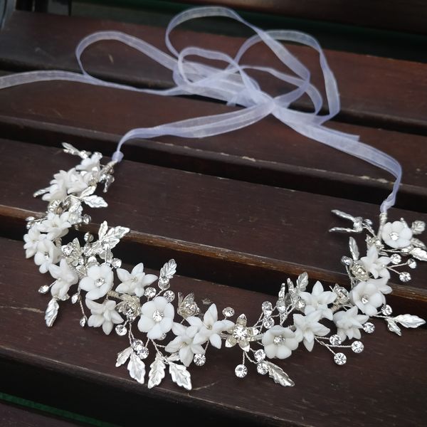 

delicate silver leaf bridal hair vine crown handmade porcelain flower headband uxury wedding headpiece brides hair jewelry 2019, Golden;white
