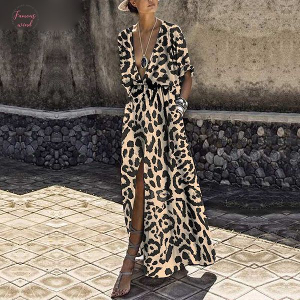 

women printed long dress 2019 v neck half sleeve high waist empire split leopard party dress holiday casual vestidos baggy, Black;gray