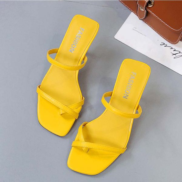 

summer black yellow slippers square toe leather slides party shoes woman outdoor fashion high heels flip flops beige
