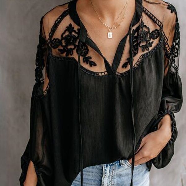 

белый черный сетки кружева рубашки женщины блузки топы 2020 летние рубашки фонариков рукавом transparent boho женские блузки и топы, White