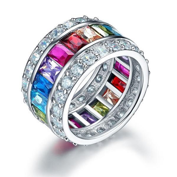 

exquisite cluster rings multi-color created z band wedding anniversary 925 sterling silver finger ring women jewelry accessory, Golden;silver