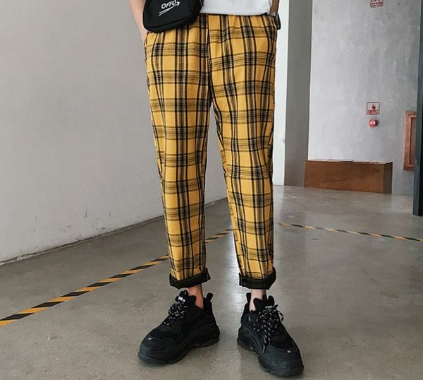

streetwear yellow plaid pants men joggers casual straight harem pants men korean hip hop track pants plus size, Black