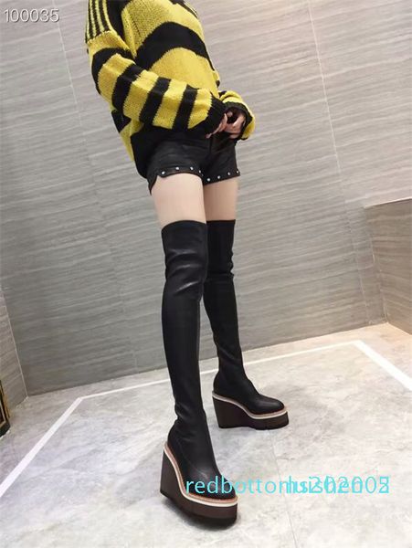 

thick-soled skinny boots female round toe stretch over the knee boots autumn winter new super high-heeled wedge heel stovepipe r05, Black