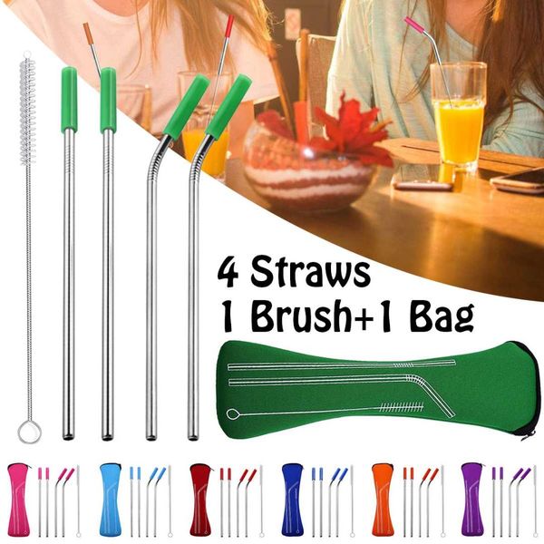 

6pcs/set metal stainless steel straws eco friendly reusable straw straight bent drinking straws with silicone tips brush