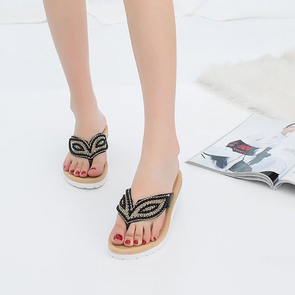 

slippers women home ladiesÂ Â bohemia string bead flat flip-flop beach casual shoes summer bathroom slippers chaussons#v30, Black