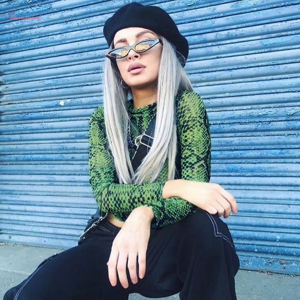 

casual green snake print t shirt women mesh long sleeve transparent snakeskin female t shirt high neck crop, White
