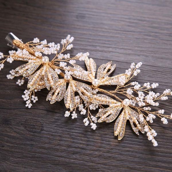 

gold leaf branched leaf flower beads barrettes hairpin bridal hair pins tiaras wedding headpiece hair jewelry accessories jl, Golden;white